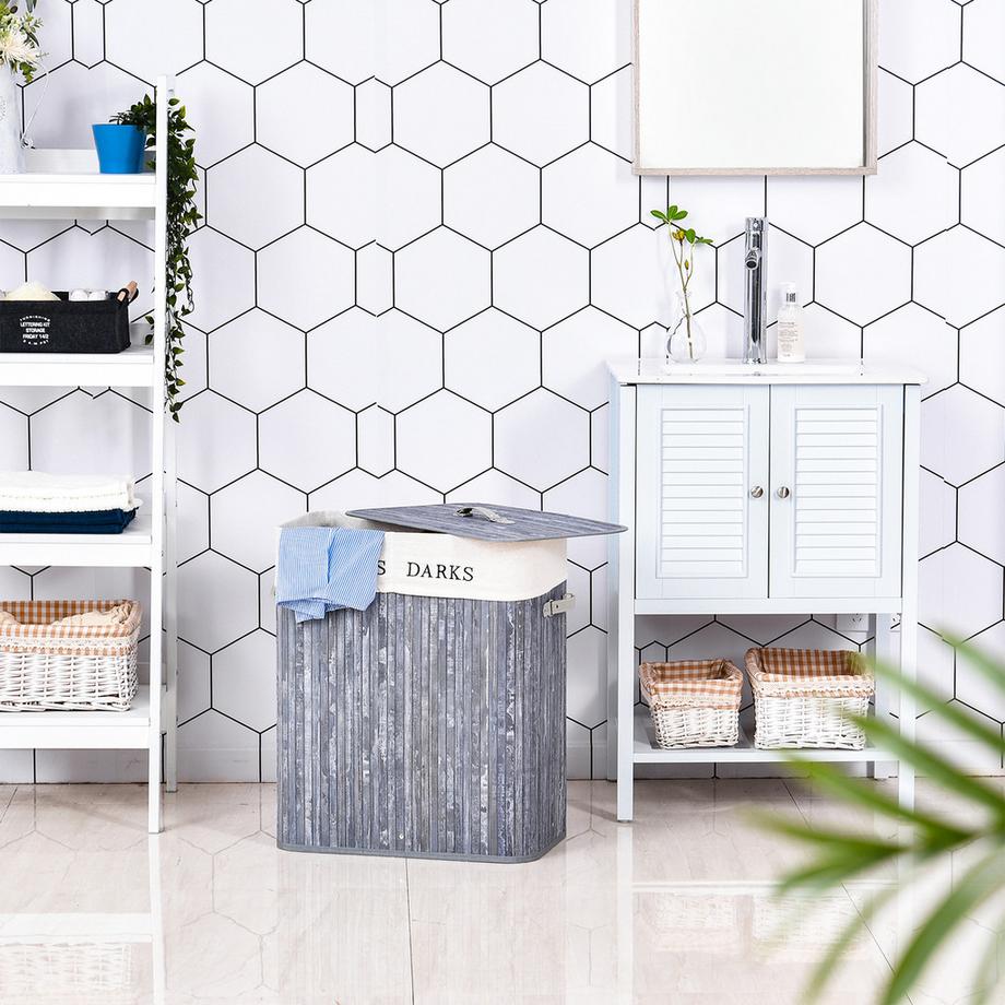 Northio Wäschekorb, Bambus, Segeltuch, PU, Grau  