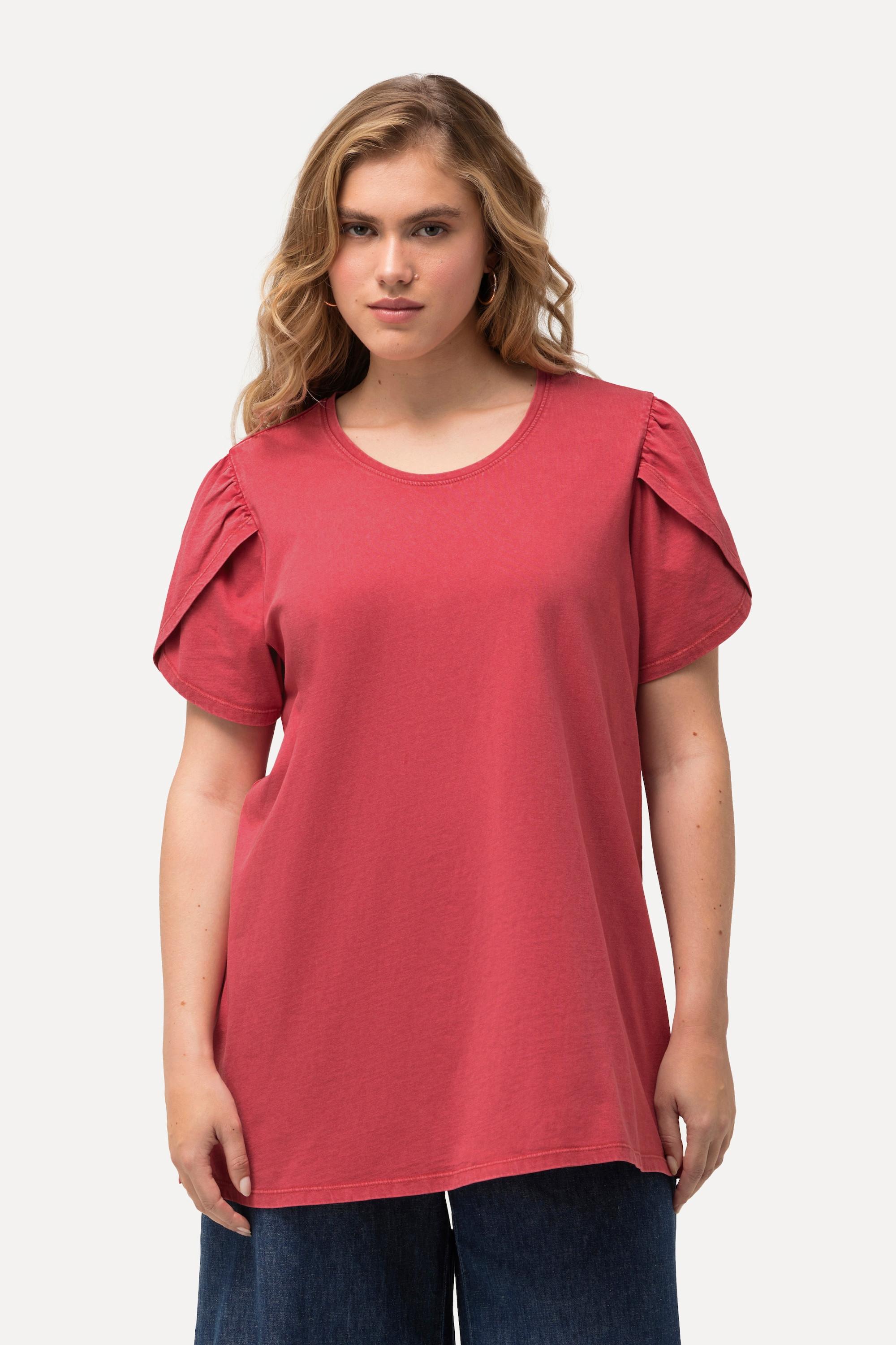 Ulla Popken  T-shirt col rond et manches courtes, teinture à froid, silhouette en A évasée 