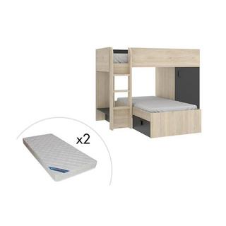 Vente-unique Lits superposés réversibles RICARDO 2Rangements intégrés Chêne + matelas  