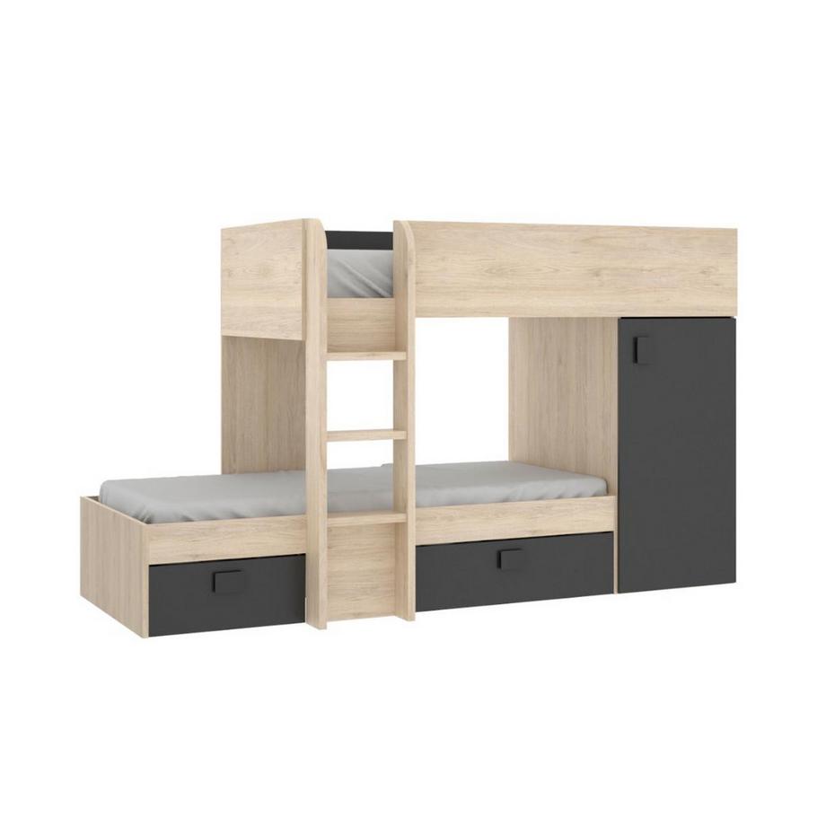 Vente-unique Letto a castello reversibile Vani portaoggetti integrati 2x Rovere e Antracite + materasso RICARDO  