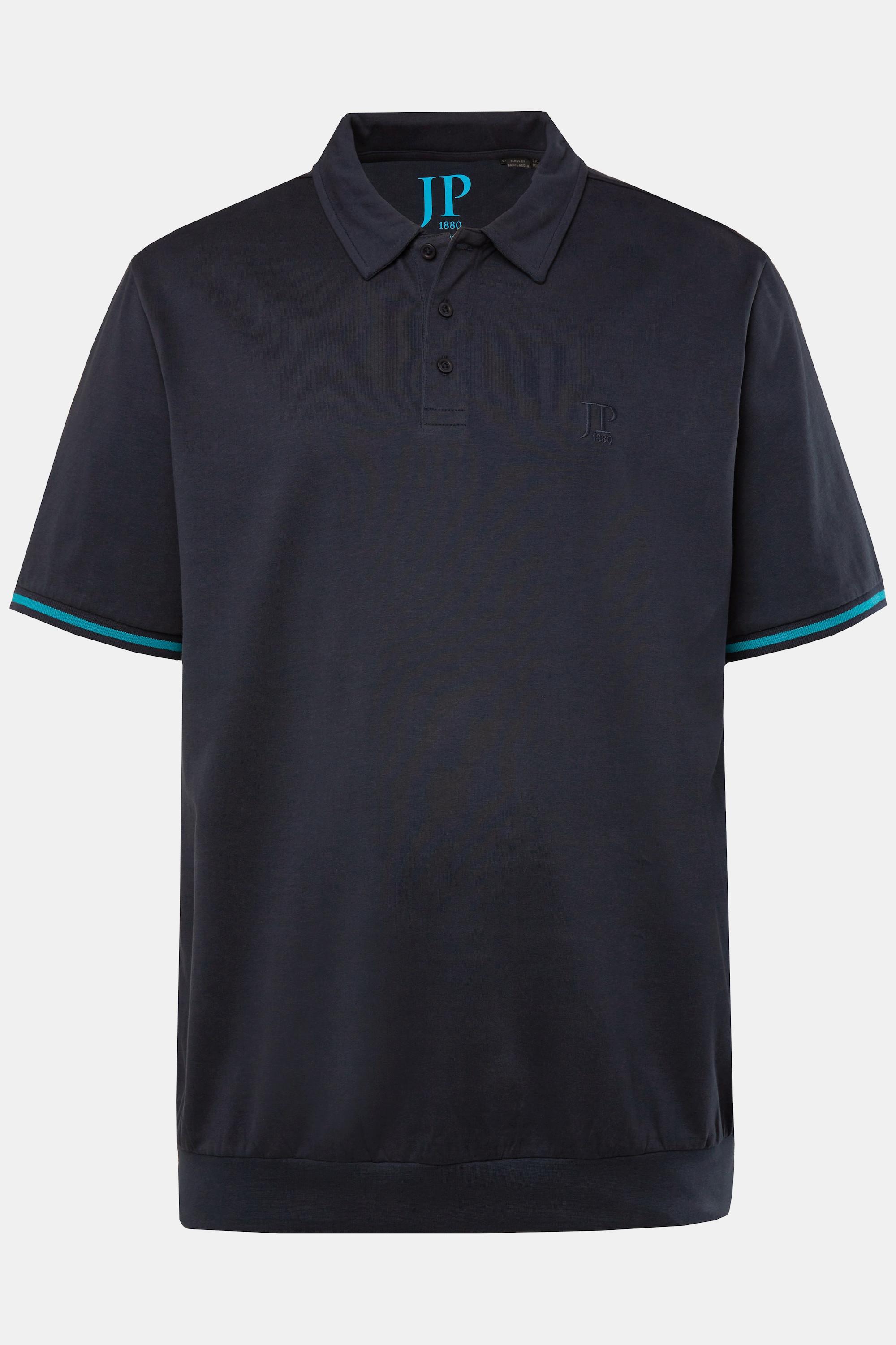 JP1880  Maglia polo in jersey con taglio speciale per l'addome e orli con righe blu scuro 