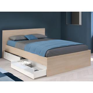 Vente-unique Letto con 2 cassetti 140 x 190 cm Naturale e Bianco lucido + Rete a doghe - VELONA  