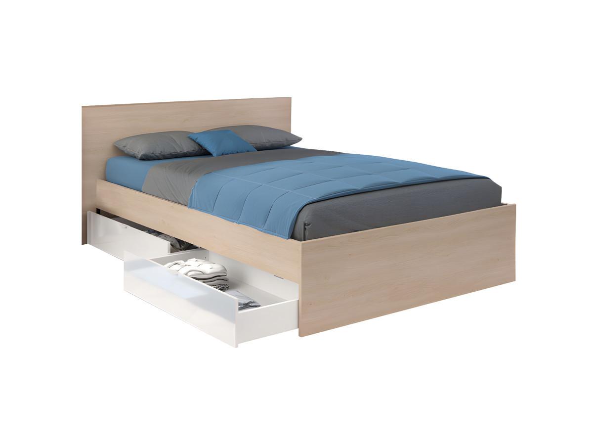 Vente-unique Letto con 2 cassetti 140 x 190 cm Naturale e Bianco lucido + Rete a doghe - VELONA  