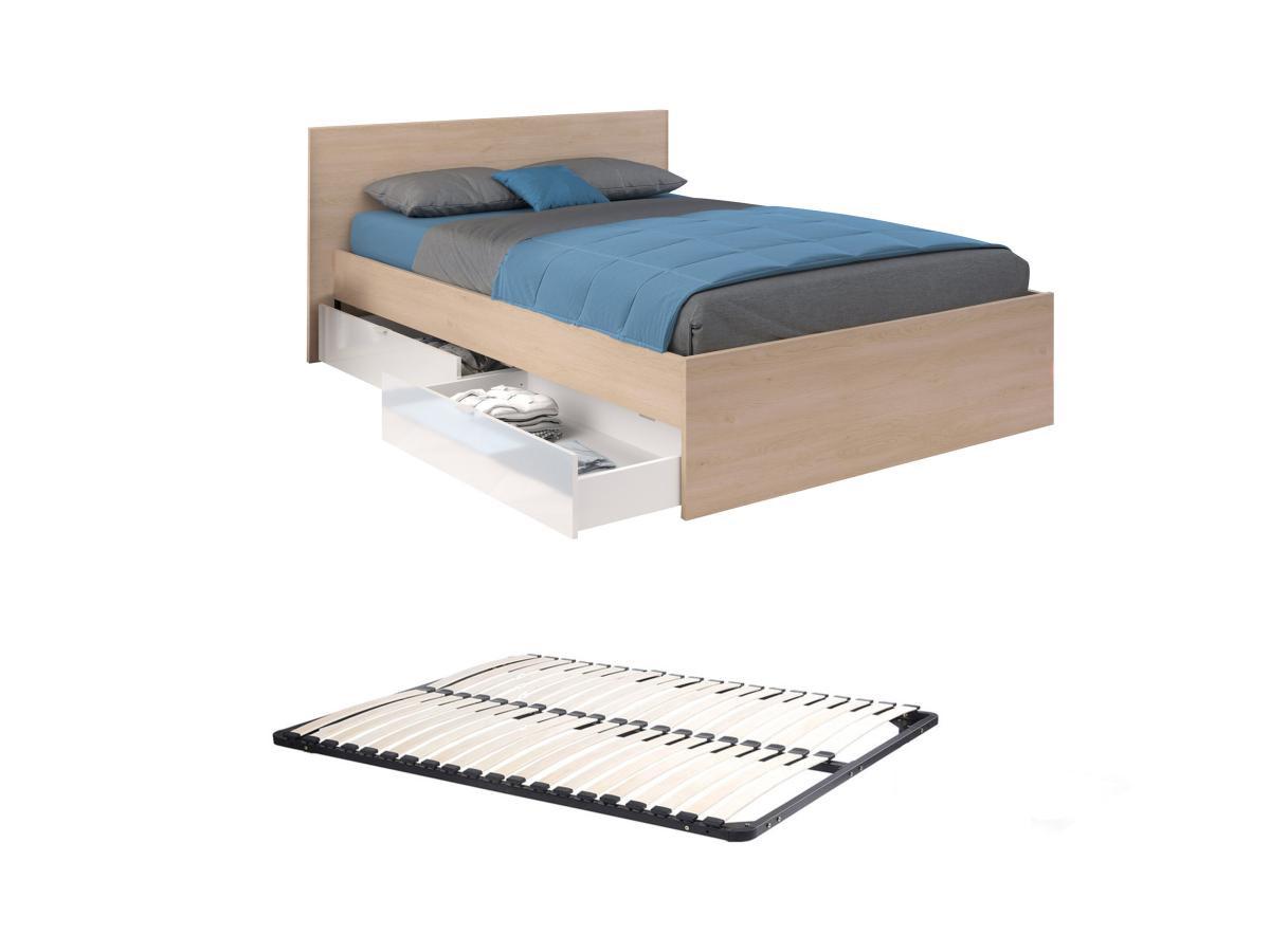 Vente-unique Letto con 2 cassetti 140 x 190 cm Naturale e Bianco lucido + Rete a doghe - VELONA  