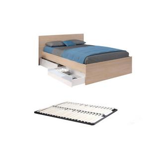 Vente-unique Letto con 2 cassetti 140 x 190 cm Naturale e Bianco lucido + Rete a doghe - VELONA  