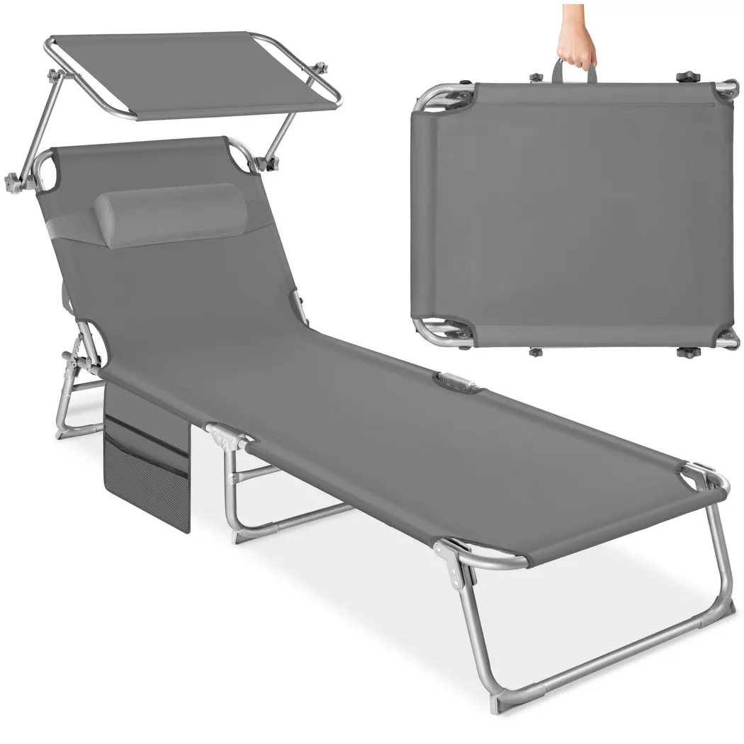 tectake Sun Lounger - foldable with sun canopy in Grey | Size: 1 Seater