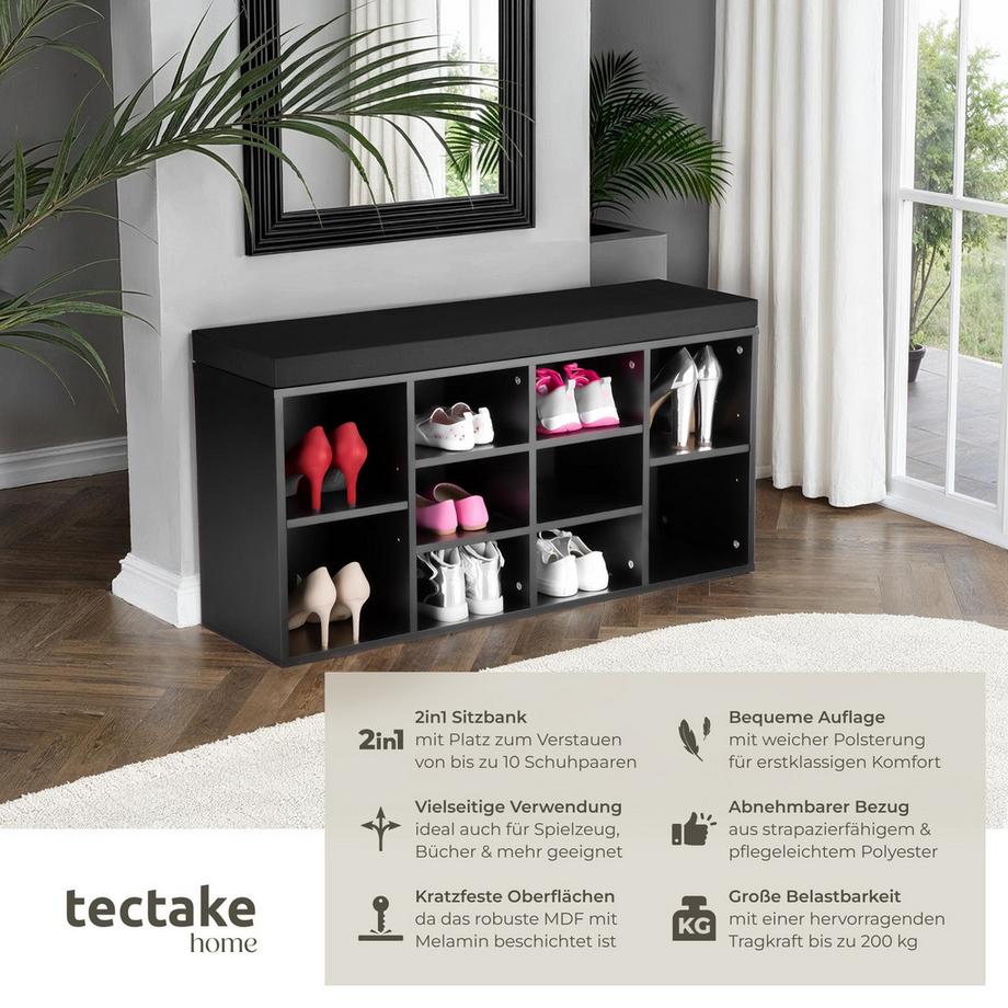 Tectake Schuhschrank Max für 10 Paar Schuhe mit abnehmbarem Sitzpolster  
