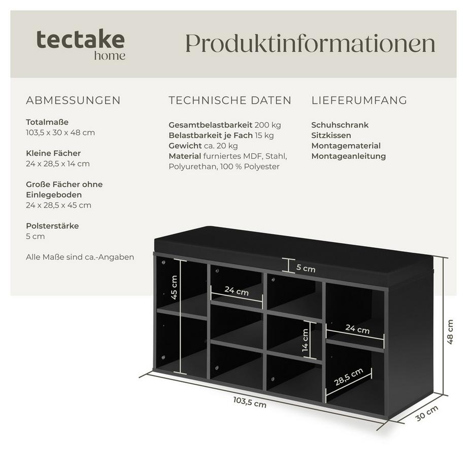 Tectake Schuhschrank Max für 10 Paar Schuhe mit abnehmbarem Sitzpolster  