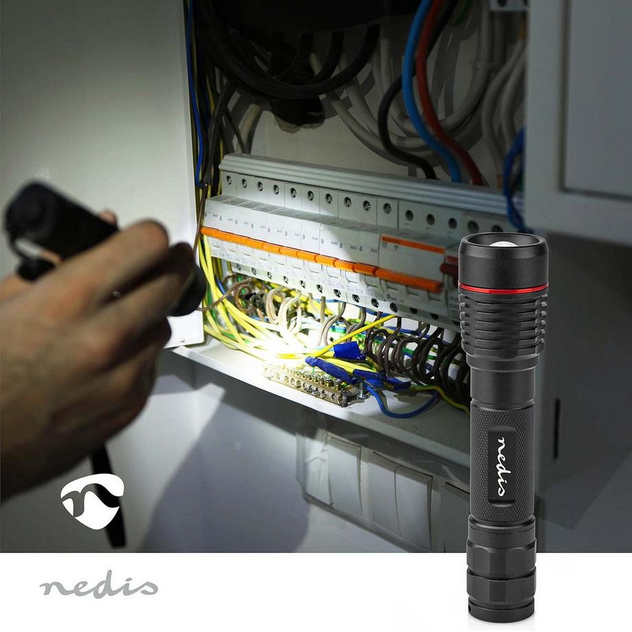 Nedis  LED Taschenlampe | Batterie betrieben | 3,7 V DC | 10 W | Gebaut -in lithium ion | Batterien enthalten | Wiederaufladbar | Angegebener leuchtender Fluss: 1000 LM | Beleuchtungsbereich: 200 m | Strahlungswinkel: 10 ° 