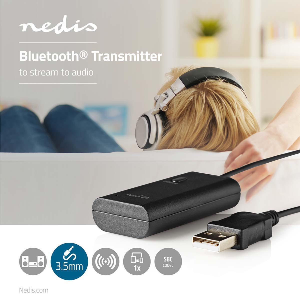 Nedis  Bluetooth® Sender | Anschlusseingang: 1x Aux / 1x USB | SBC | Bis zu 1 Gerät | Schwarz 