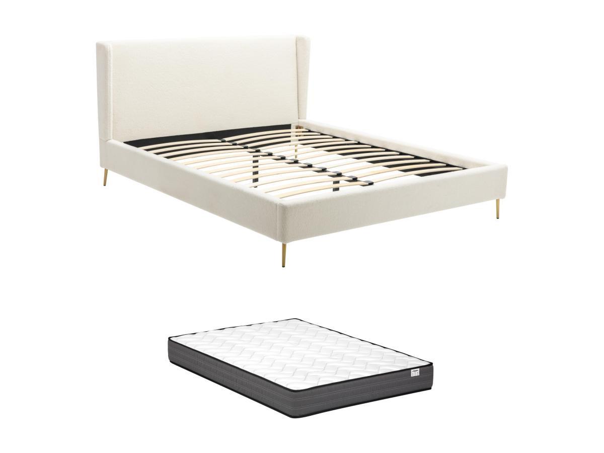 Image of Polsterbett 140 x 190 cm - Bouclé-Stoff - Naturweiß + Matratze - UPILIA Polsterbett 140 x 190 cm - Bouclé-Stoff - Naturweiß + Matratze - UPILIA