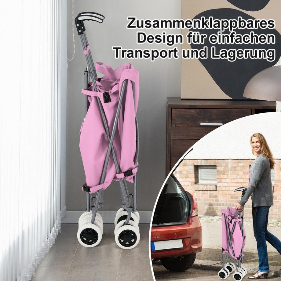 B2X  Chariot de courses pliable à roulettes, capacité 90 L/55 kg, chariot à main avec sac Oxford amovible, rose 