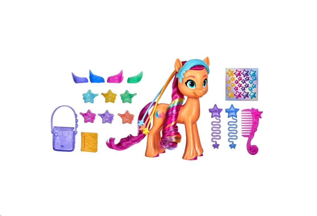 My Little Pony  My Little Pony Una Nuova Genarazione, Sunny Capelli Arcobaleno, pony arancione da 15 cm con treccia arcobaleno e 17 accessori 