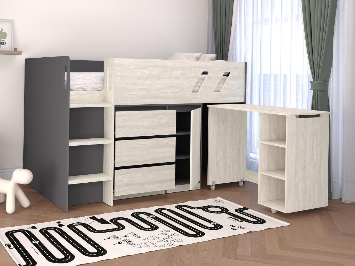 Vente-unique Kombi-Bett 90 x 190 cm - Mit Schreibtisch & Stauraum - Anthrazit & hellgraue Holzoptik + Matratze - SAGITI  