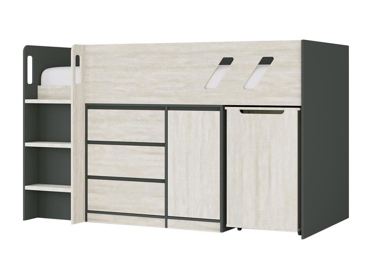 Vente-unique Lit combiné 90 x 190 cm avec bureau et rangements - Coloris : Anthracite et naturel grisé + Matelas - SAGITI  