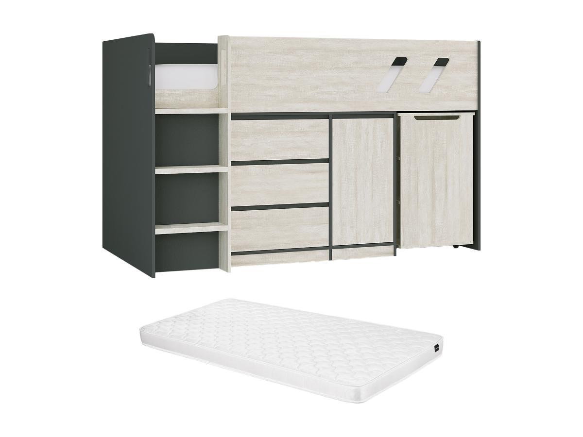 Vente-unique Lit combiné 90 x 190 cm avec bureau et rangements - Coloris : Anthracite et naturel grisé + Matelas - SAGITI  