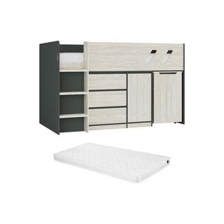 Vente-unique Lit combiné 90 x 190 cm avec bureau et rangements - Coloris : Anthracite et naturel grisé + Matelas - SAGITI  