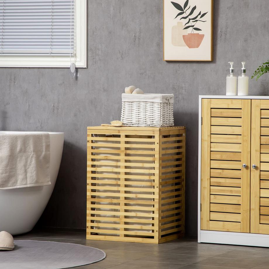 Northio Panier à linge en bambou avec panier à linge de 63 L avec couvercle, sac à linge amovible, tringle, paniers à linge, boîte à linge pour buanderie, chambre à coucher, salle de bain, bois naturel |  