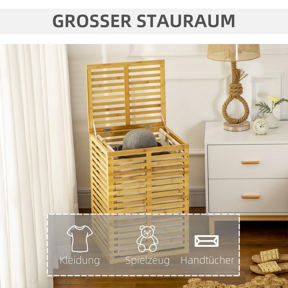 Northio Panier à linge en bambou avec panier à linge de 63 L avec couvercle, sac à linge amovible, tringle, paniers à linge, boîte à linge pour buanderie, chambre à coucher, salle de bain, bois naturel |  