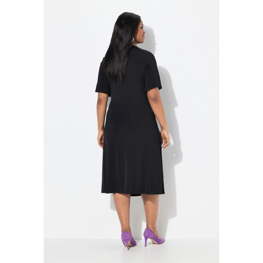 Ulla Popken Abito Slinky Drapé Scollo a V Mezze Maniche ad Aletta  