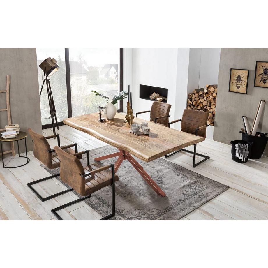 mutoni Table 180x90 cm - mangue naturelle - métal brun antique - avec bordure d'arbre  
