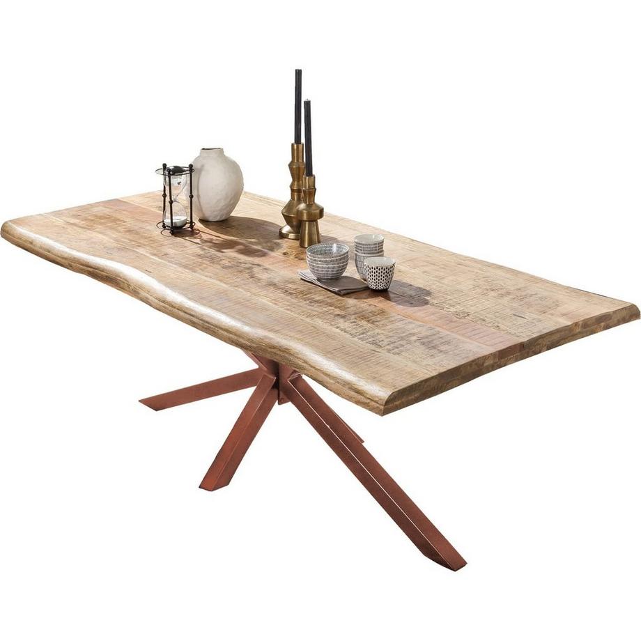 Table 180x90 cm - mangue naturelle - métal brun antique - avec bordure d'arbre