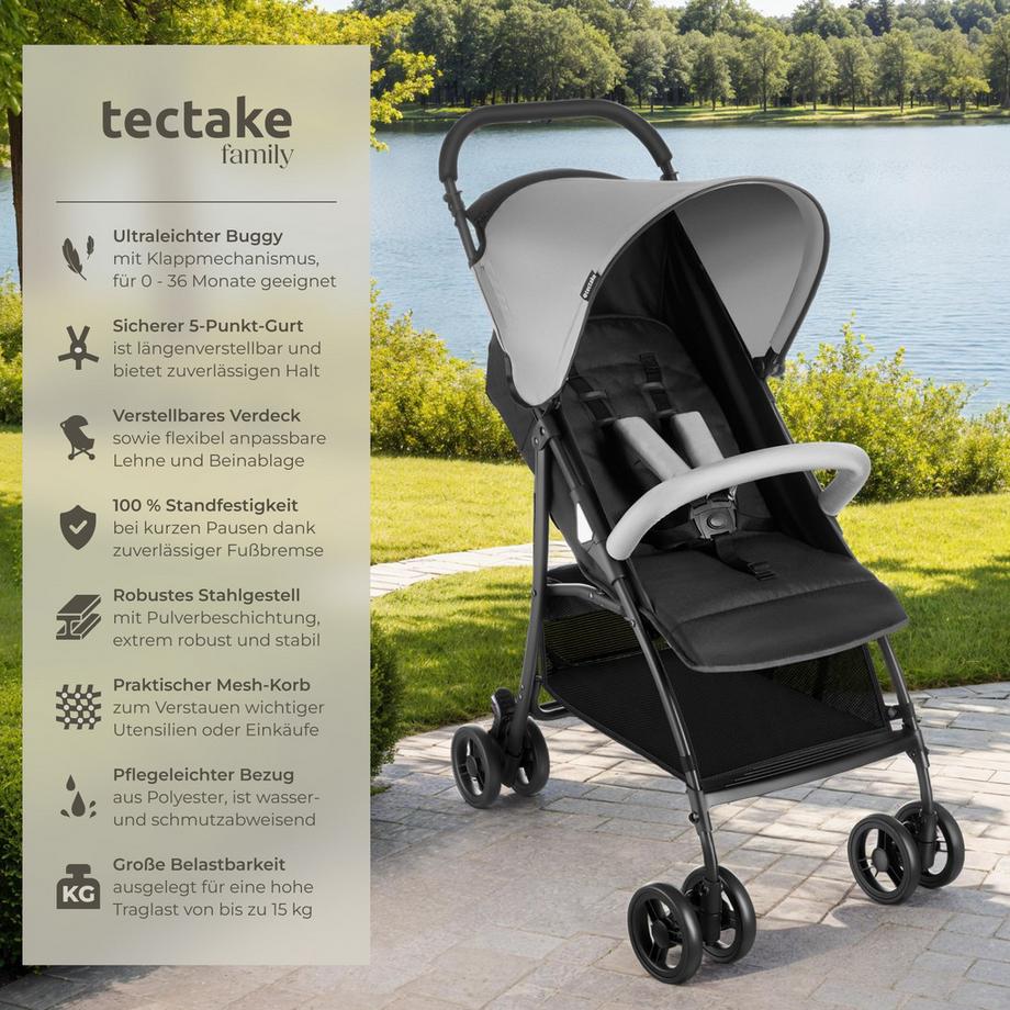 Tectake  Buggy-Kinderwagen Emma klappbar, mit 5-Punkt-Gurt, Bremse und Schutzbügel verstellbare Rückenlehne und Beinablage, faltbares Verdeck 