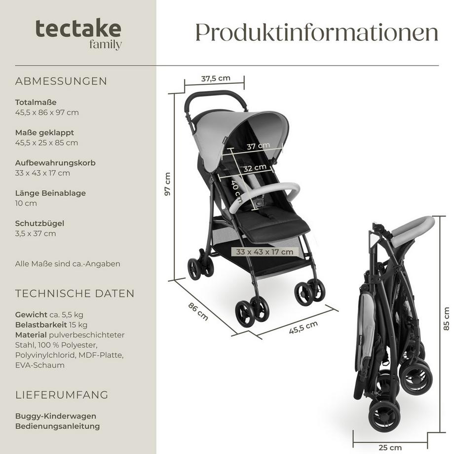 Tectake  Buggy-Kinderwagen Emma klappbar, mit 5-Punkt-Gurt, Bremse und Schutzbügel verstellbare Rückenlehne und Beinablage, faltbares Verdeck 
