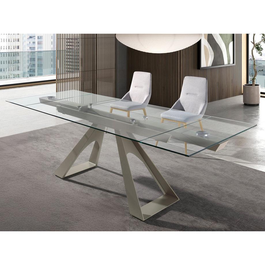 ANGEL CERDA Table de salle à manger rectangulaire à rallonge en verre trempé et acier gris taupe  