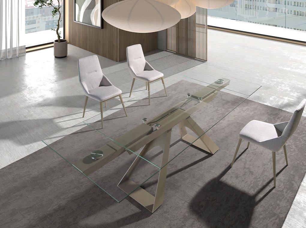 ANGEL CERDA Tavolo da pranzo rettangolare allungabile in vetro temperato e acciaio grigio tortora  