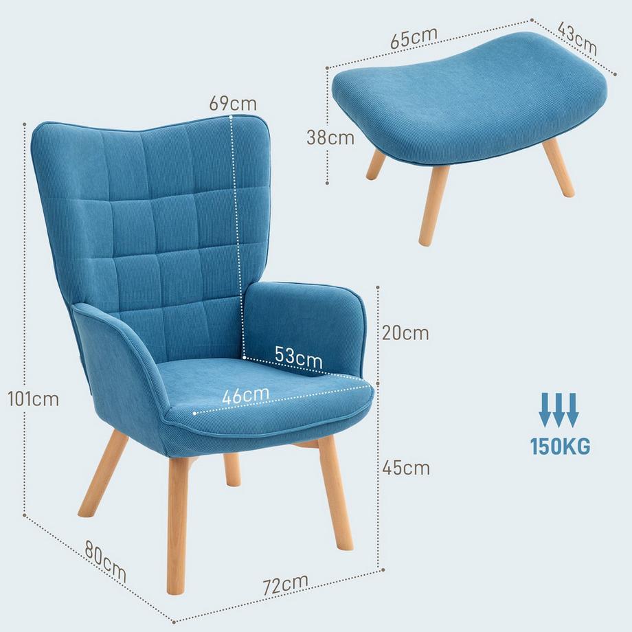 Northio Fauteuil avec tabouret, fauteuil à oreilles à dossier haut, pieds en bois, chaise longue capitonnée aspect velours côtelé pour salon, bleu  