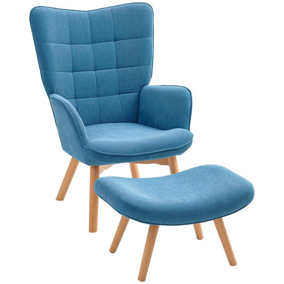 Northio Fauteuil avec tabouret, fauteuil à oreilles à dossier haut, pieds en bois, chaise longue capitonnée aspect velours côtelé pour salon, bleu  