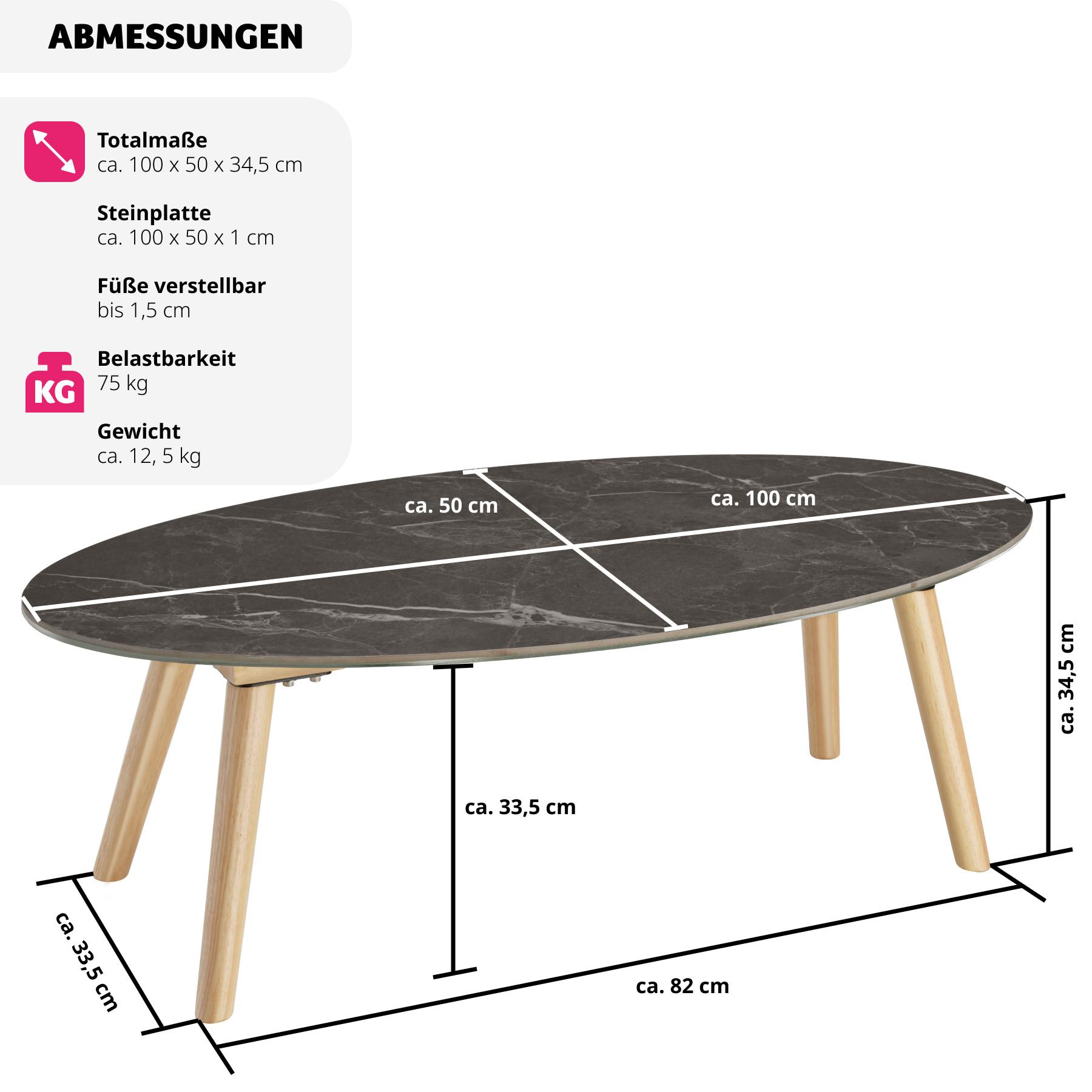 Tectake Ovaler Couchtisch Acerra, Marmoroptik 100x50x34,5 cm  