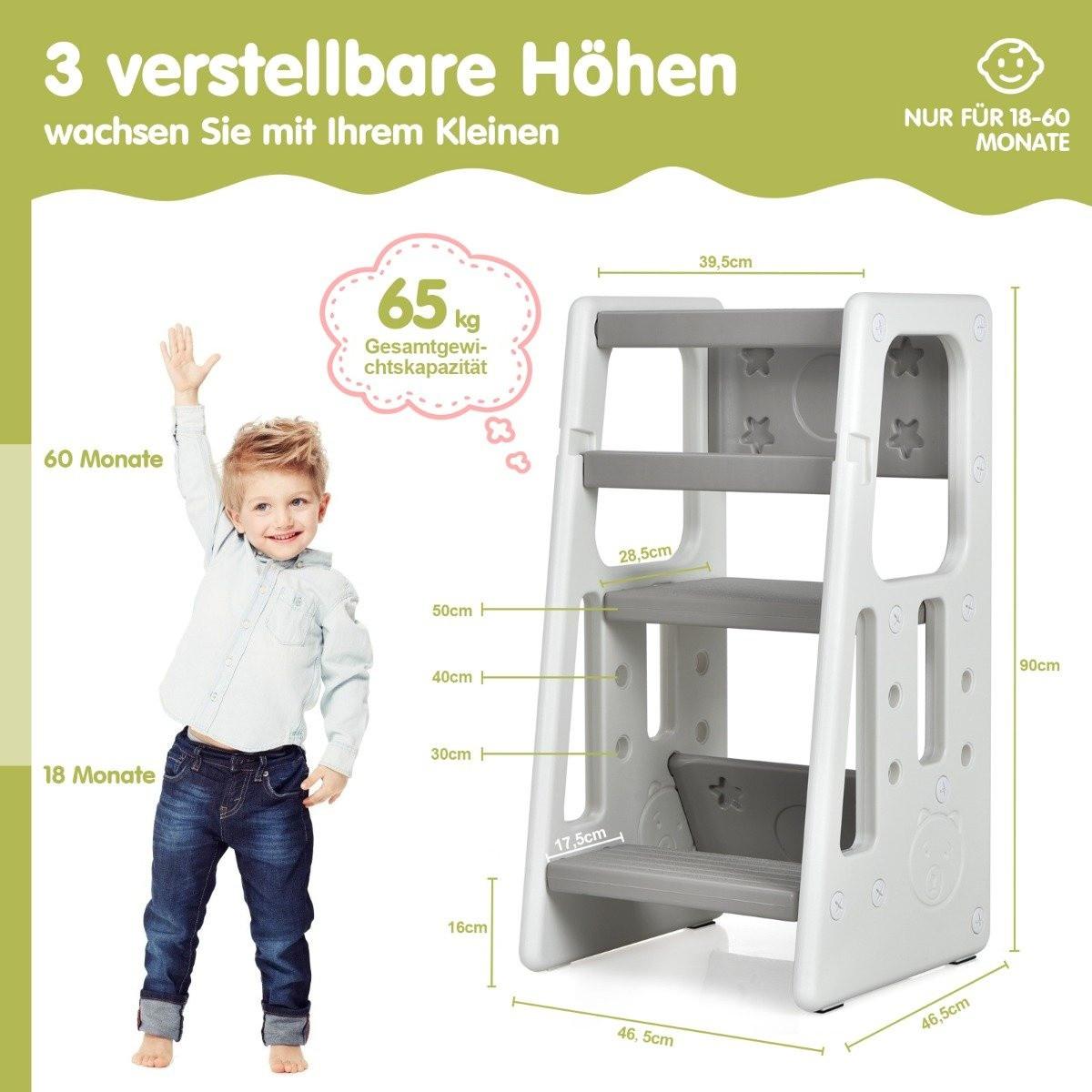 Northix Tabouret de cuisine pour enfants avec double rampe de sécurité, 3 hauteurs réglables et pieds antidérapants, gris  