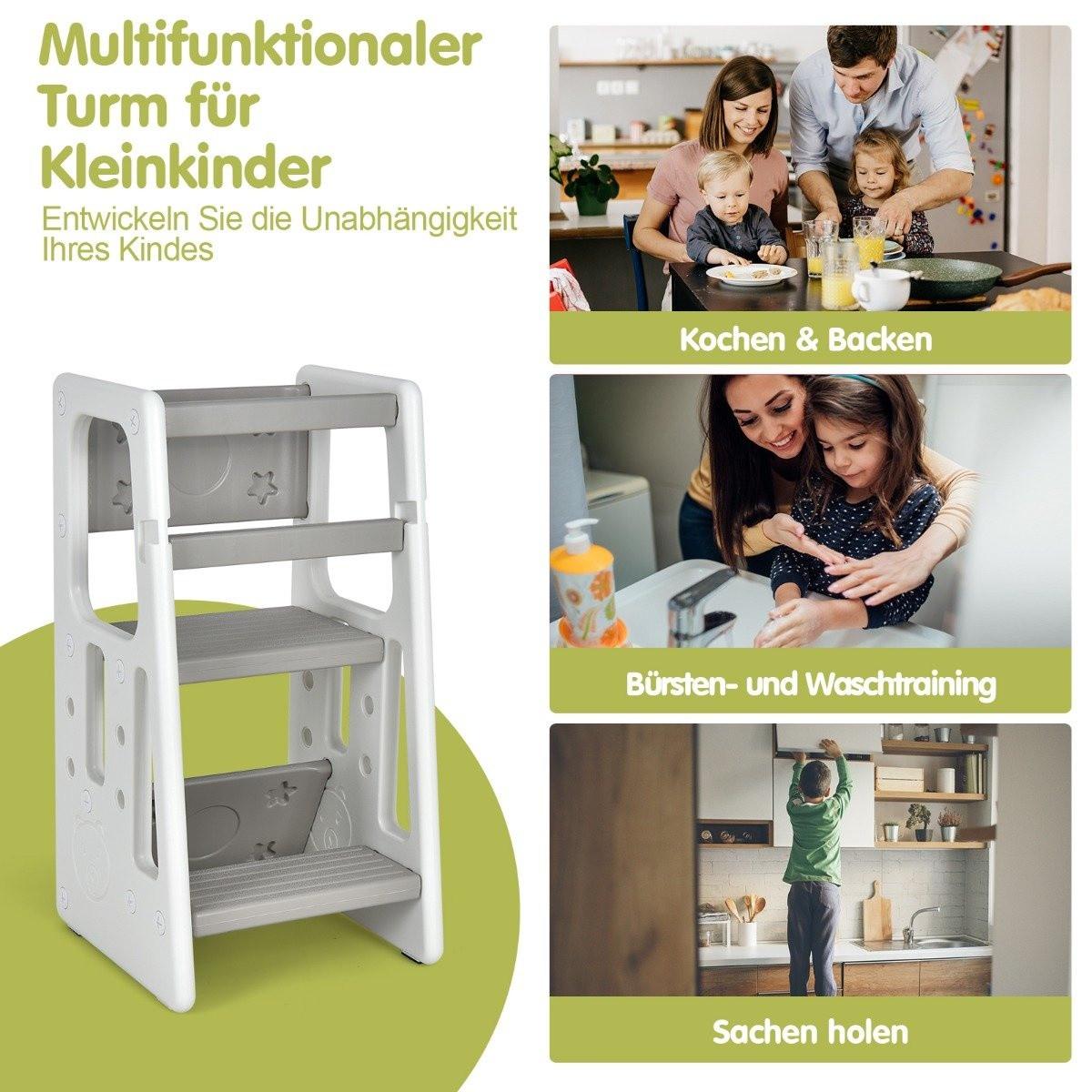 Northix Tabouret de cuisine pour enfants avec double rampe de sécurité, 3 hauteurs réglables et pieds antidérapants, gris  