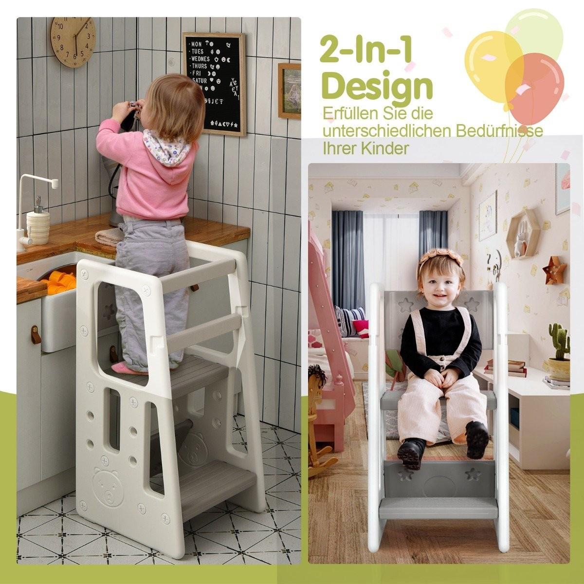 Northix Tabouret de cuisine pour enfants avec double rampe de sécurité, 3 hauteurs réglables et pieds antidérapants, gris  