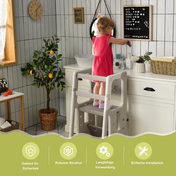 Sgabello da cucina per bambini con doppi corrimano di sicurezza e 3 altezze regolabili e piedini antiscivolo Grigio