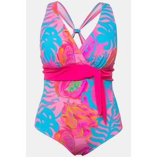 Ulla Popken  Costume da bagno con stampa neon, fascia, coppe morbide ed effetto scollo a prendisole 