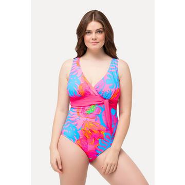 Maillot de bain à bonnets souples, semblant se nouer sur la nuque. Imprimé fluo et ruban fantaisie