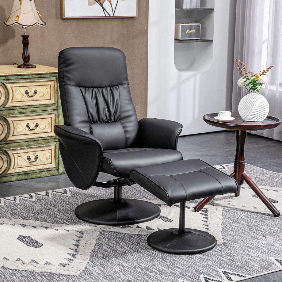 Northio Fauteuil De Relaxation Avec Tabouret, Fauteuil Tv, Fauteuil Tv Avec Fonction Inclinable, Chaise Rembourrée Pivotante Pour Salon, Chambre À Coucher, Simili Cuir, Noir  