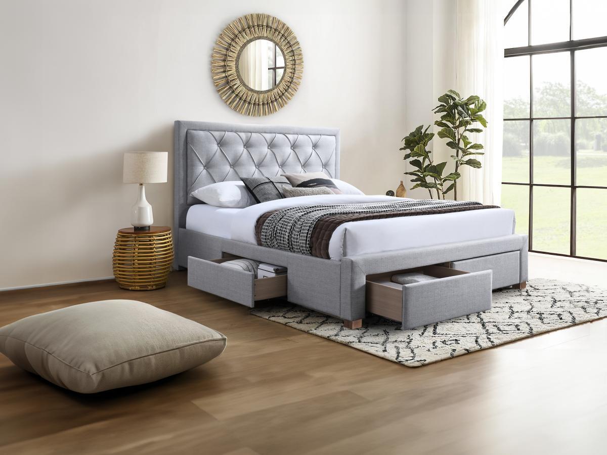 Vente-unique Letto con Cassetti 160 x 200 cm Tessuto Grigio  - LEOPOLD  