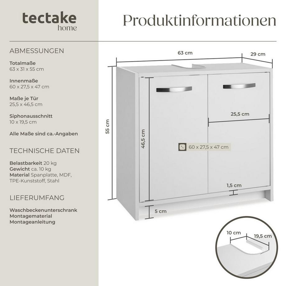 Tectake Waschbeckenunterschrank Katalina großer Stauraum Spanplatte und MDF-Platte  