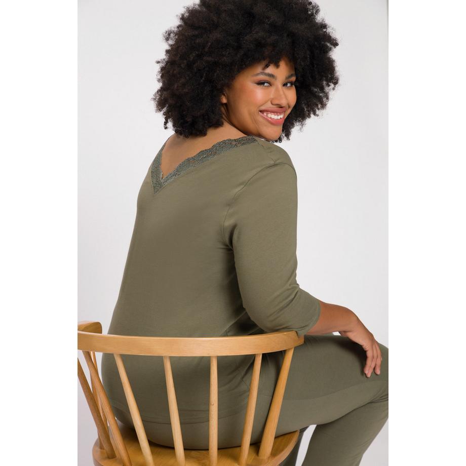 Ulla Popken Pyjamashirt Spitze V-Ausschnitt 3/4-Arm  