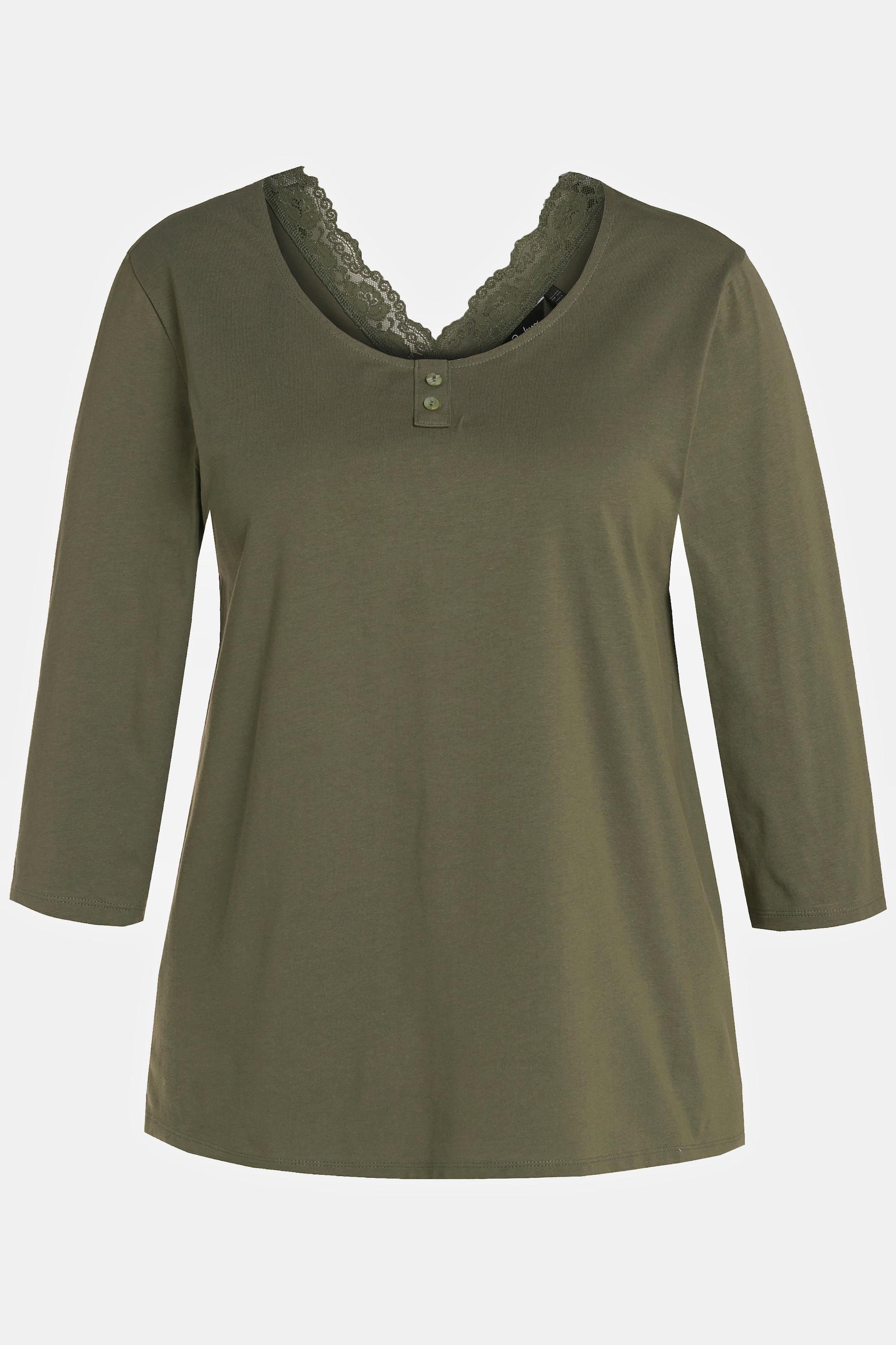 Ulla Popken  Pyjamashirt, Spitze, V-Ausschnitt, 3/4-Arm 