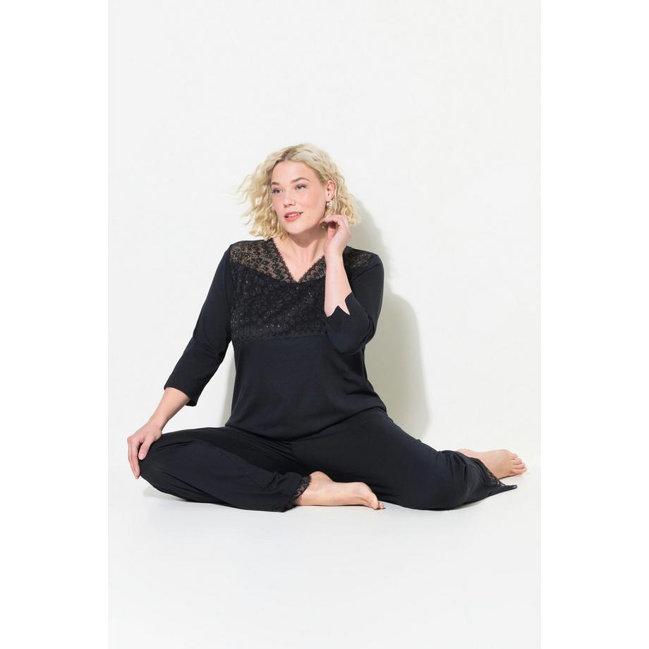 Ulla Popken Pigiama Inserto Pizzo Scollo V Maniche 3/4  