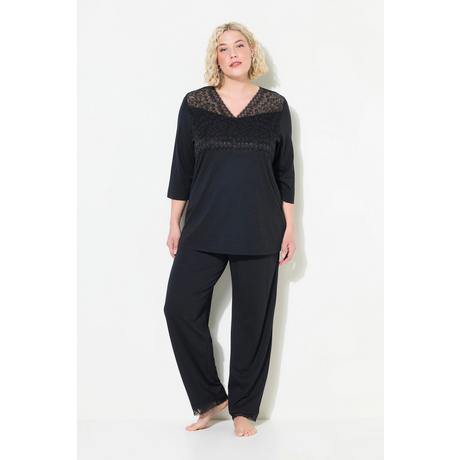 Ulla Popken  Pyjama, Spitzeneinsatz, V-Ausschnitt, 3/4-Arm 