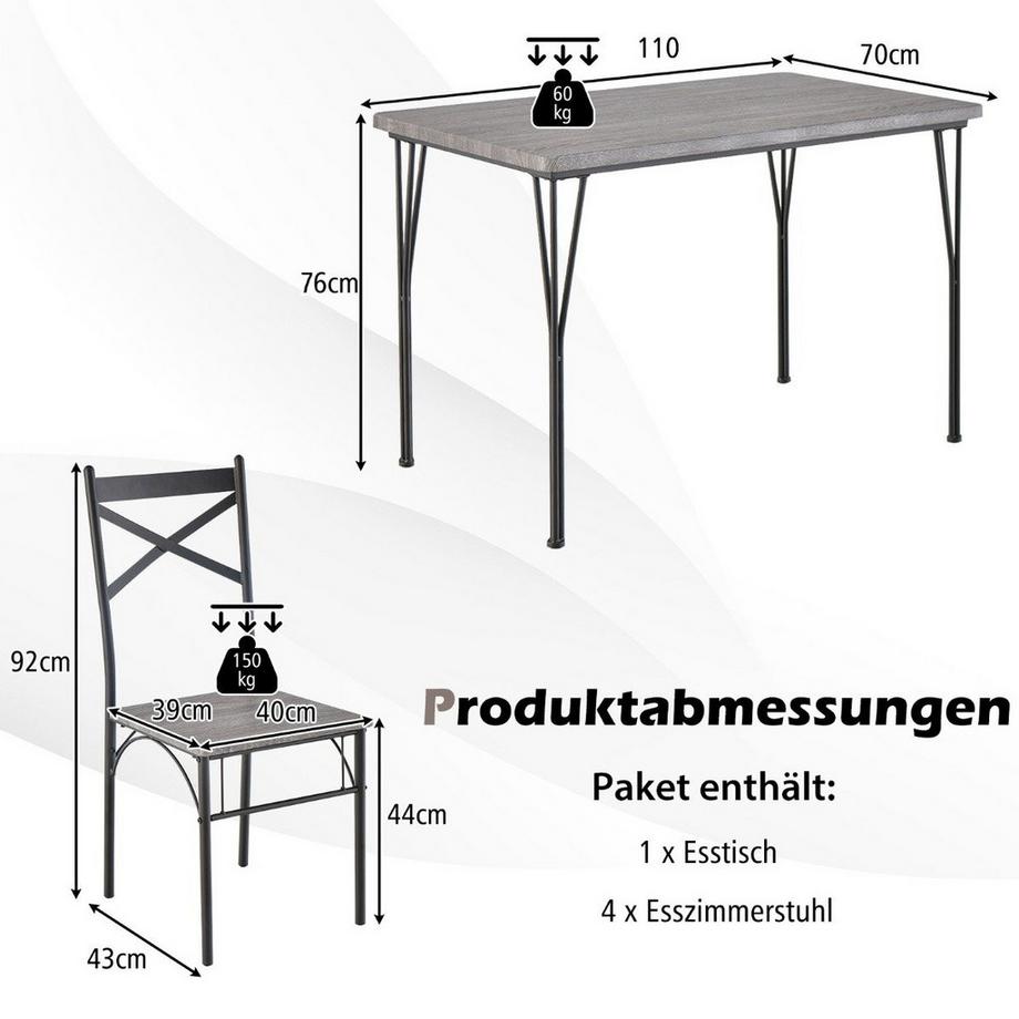 Northio  5-teilige Essgruppe für 4 Personen moderner rechteckiger Esstisch und 4 Esszimmerstühle Grau und Schwarz 