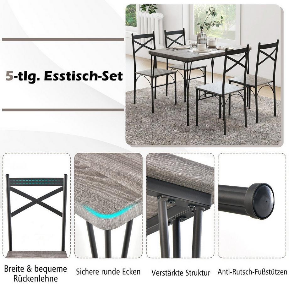 Northio  5-teilige Essgruppe für 4 Personen moderner rechteckiger Esstisch und 4 Esszimmerstühle Grau und Schwarz 