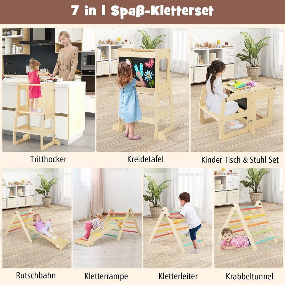 Northix  Kletterdreieck mit Rutsche 7 in 1 Klettergerüst Indoor für Kinder ab 3 Jahren Mehrfarbig + Natur 