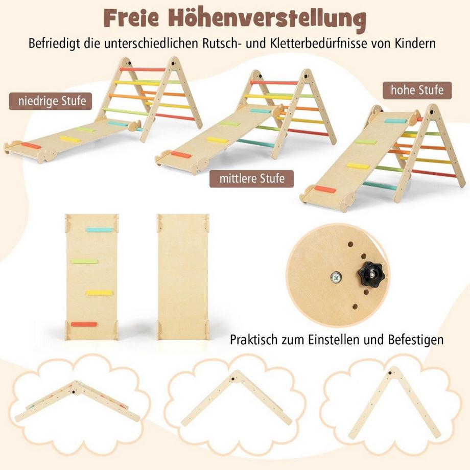 Northix  Kletterdreieck mit Rutsche 7 in 1 Klettergerüst Indoor für Kinder ab 3 Jahren Mehrfarbig + Natur 